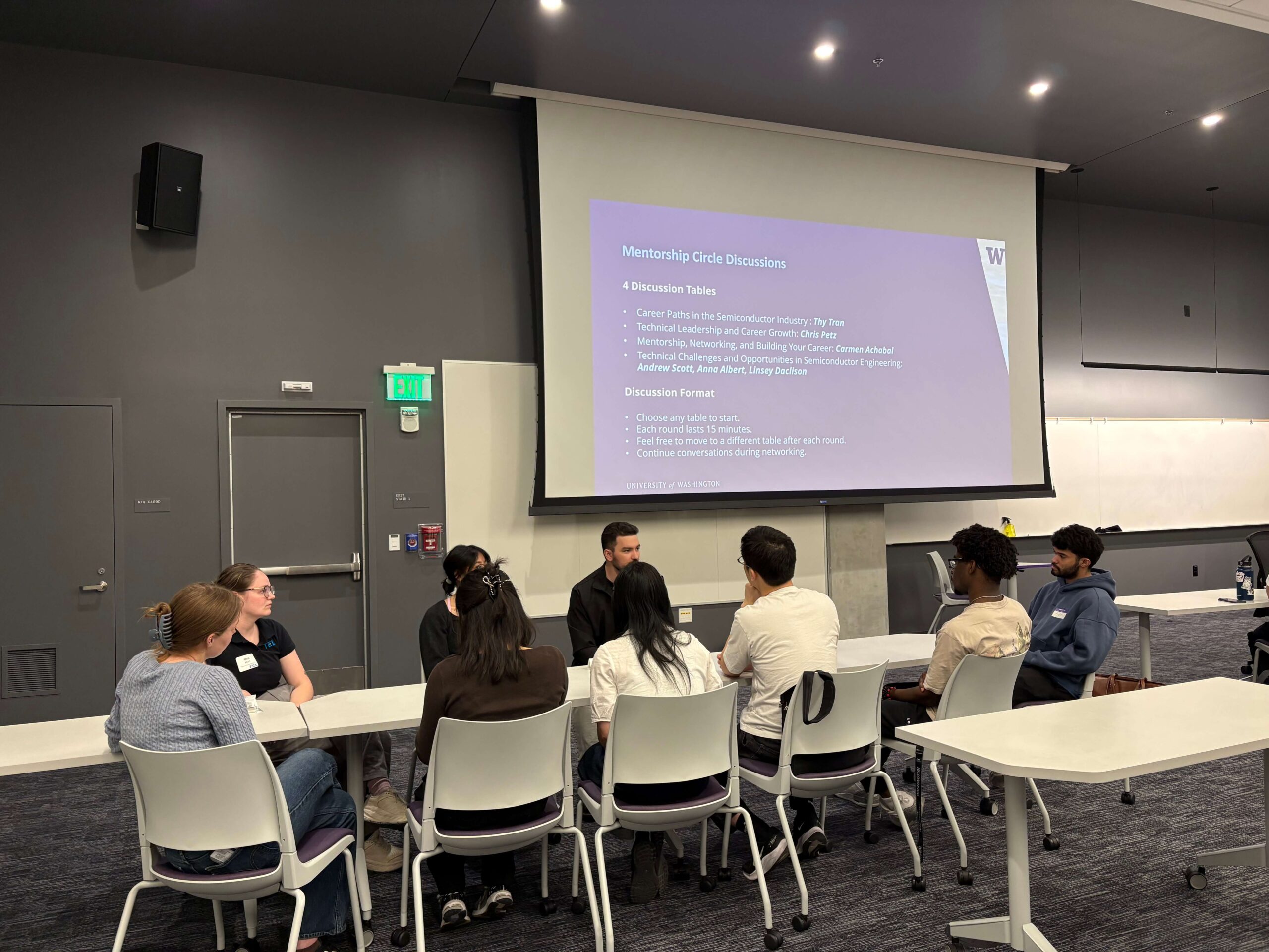 Small group of students and industry professional seated and in discussion.